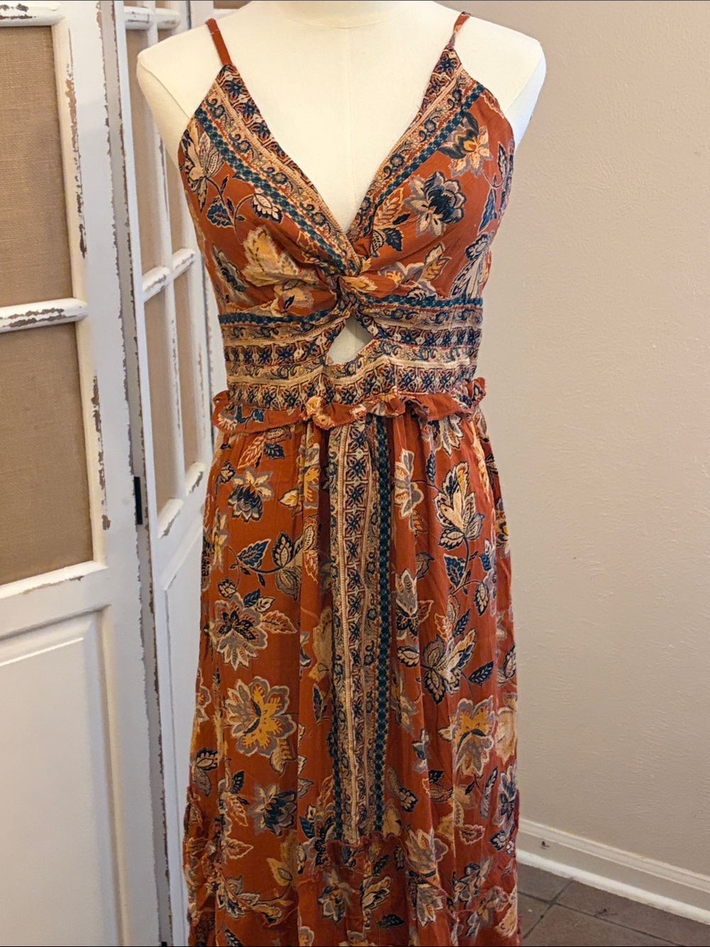Angie Cutout Asymmetrical Handkerchief Maxi Dress L Rust Boho
